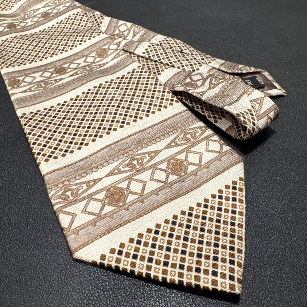 Stefano Enrico Tie Beige Brown Silk Handmade‎ Italy Geometric Abstract Art Deco
